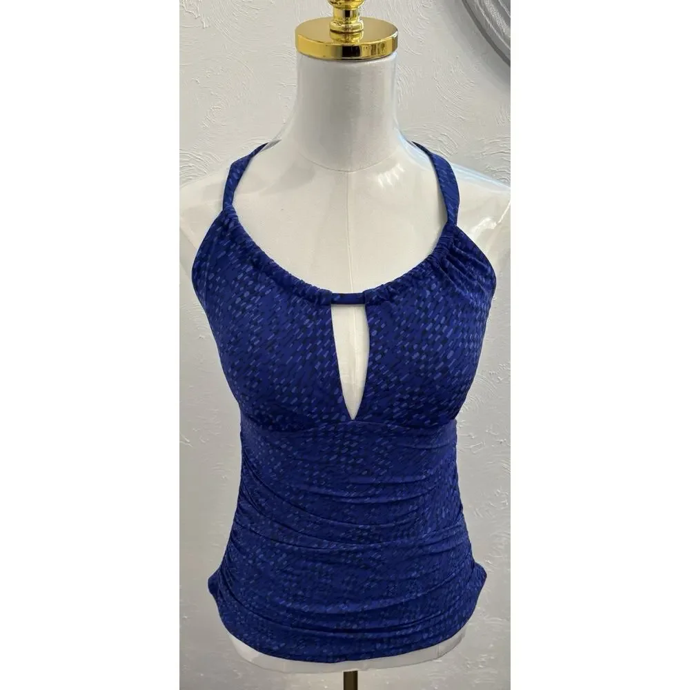 LL Bean Blue Patterned Halter Tankini Top Size 8 Beach Colorful Built In Bra